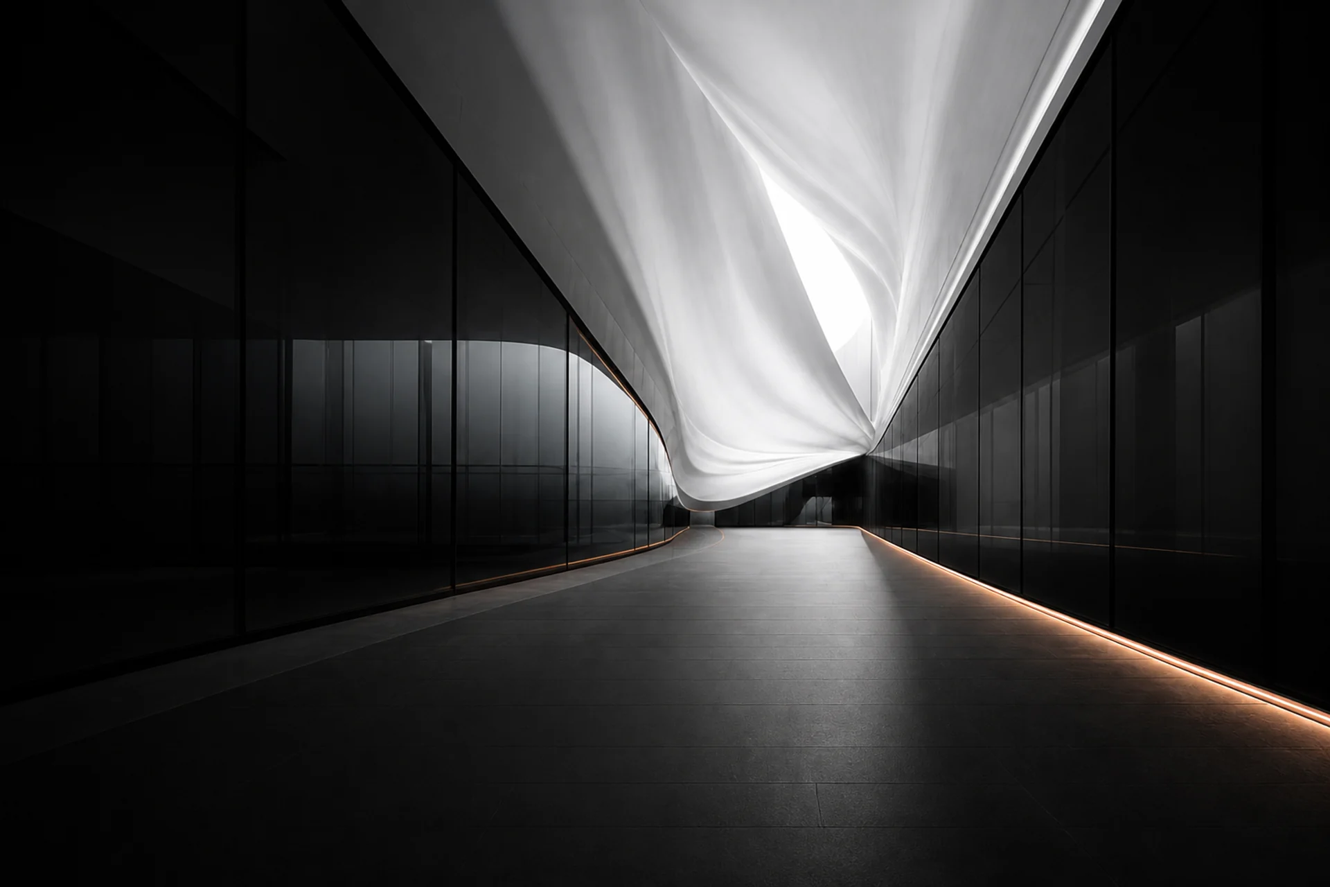 Conceptual black and white architectural system resolving into one illuminated path